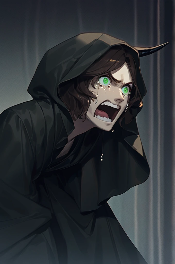 ((Лучшее качество)), ((шедевр)), (подробный), the guy is a demon, short brown-dark hair, demonic eyes, bright green eyes, shining eyes, tattoo under the eye, covers his eye with his hand, tears flow, hysterics, kneels looking up, tears, clenched his teeth, the background is a dark abyss, clothes are a long black robe with a hood, small black horns