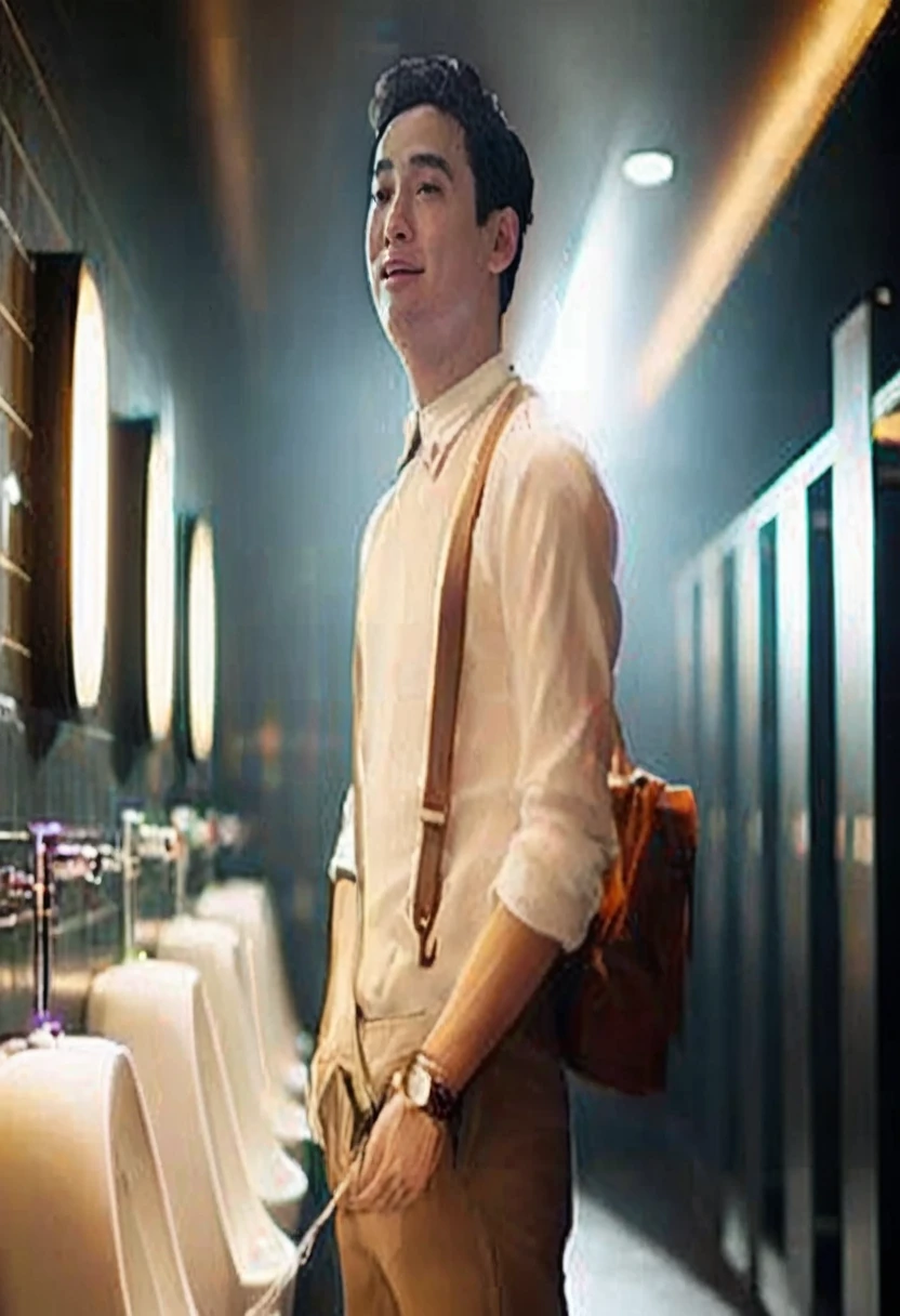 Full body photo of a young man Dress in casual clothes. Standing to urinate in a urinal In the bathroom in the movie theater, side view, shot with lights in the shared bathroom. This photo was taken using a Sony ca Ill camera paired with a 100mm lens set to a wide F 1.2 aperture to achieve a stunning bokeh effect and enhance the beauty of the image.