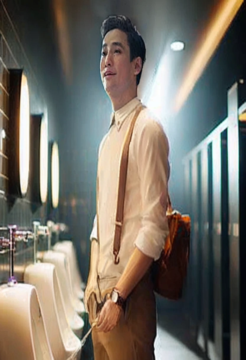 Full body photo of a young man Dress in casual clothes. Standing to urinate in a urinal In the bathroom in the movie theater, side view, shot with lights in the shared bathroom. This photo was taken using a Sony ca Ill camera paired with a 100mm lens set to a wide F 1.2 aperture to achieve a stunning bokeh effect and enhance the beauty of the image.