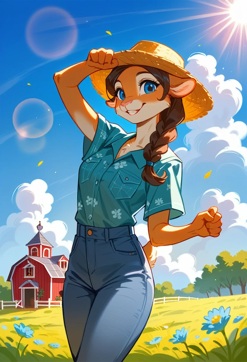 top quality, highres, High-quality illustrations, unparalleled masterpiece(movie of life)nature inspired imagery, rendered in maya, romanticized views, lively illustrations, hyper realistic, whimsical cartoonish, farm, Blue sky, clouds, florals Beautiful garden(furry anthro, solo, girl, casual fashion, Relux pose, Smile)absurdres, perfect anatomy, caustics, cinematic lighting, lens flare, deep shadow, dynamic angle,