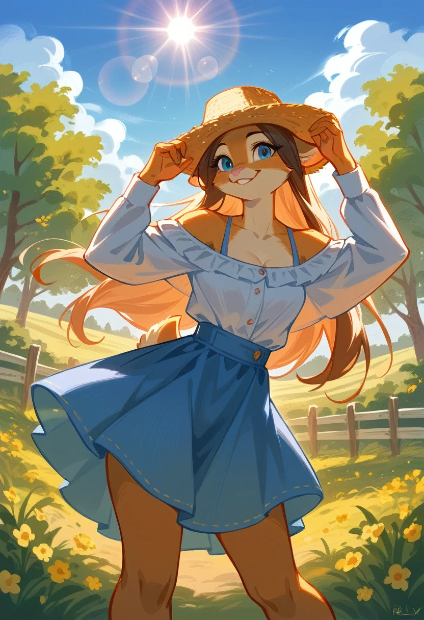top quality, highres, High-quality illustrations, unparalleled masterpiece(movie of life)nature inspired imagery, rendered in maya, romanticized views, lively illustrations, hyper realistic, whimsical cartoonish, farm, Blue sky, clouds, florals Beautiful garden(furry anthro, solo, girl, casual fashion, Relux pose, Smile)absurdres, perfect anatomy, caustics, cinematic lighting, lens flare, deep shadow, dynamic angle,