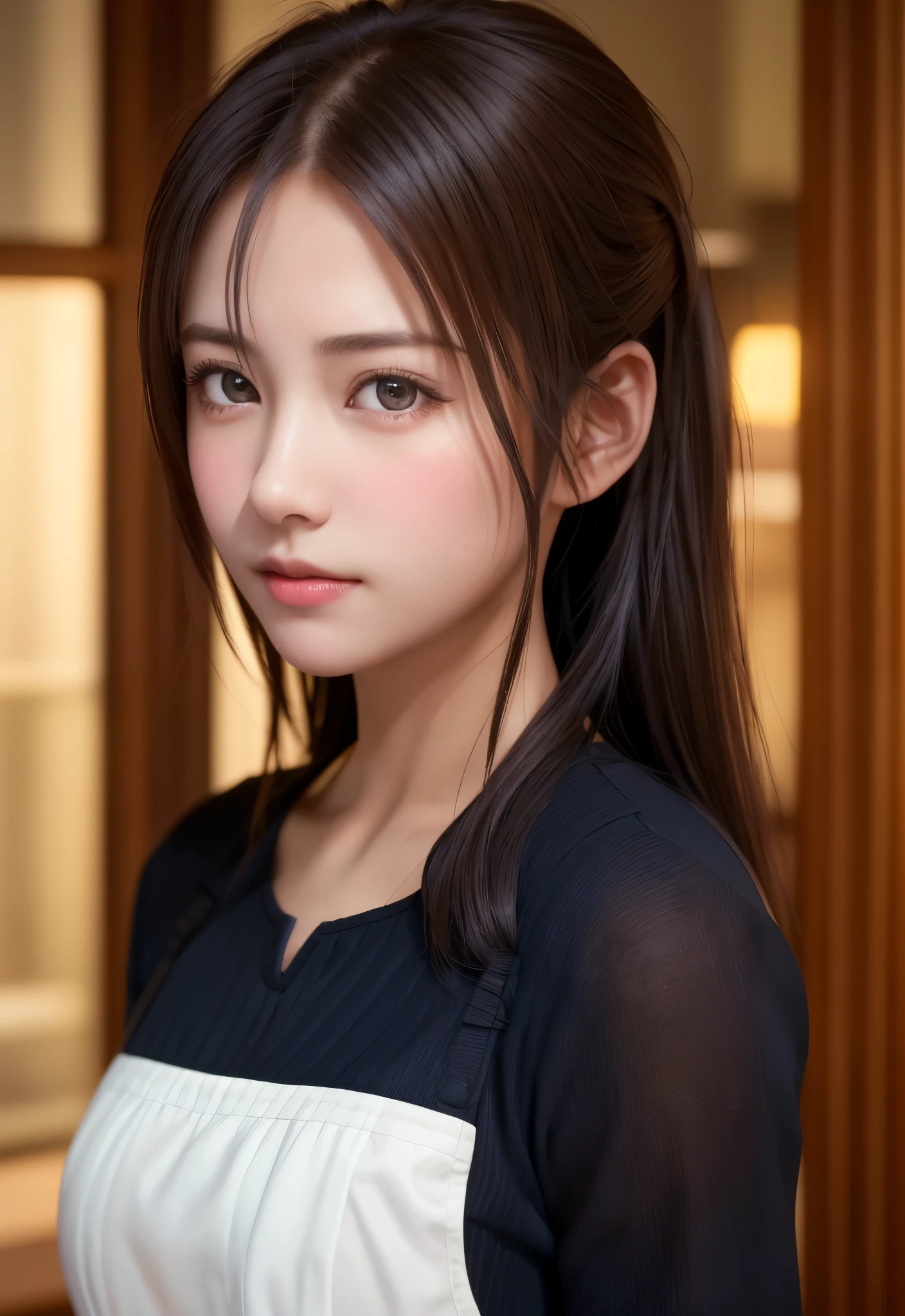 8K, of the highest quality, masutepiece:1.2), (Realistic, Photorealsitic:1.37), of the highest quality, masutepiece, Beautiful young woman, Pensive expression,、A charming、and an inviting expression, Cute Maid Clothes, Hair tied back, Cinematic background, Light skin tone