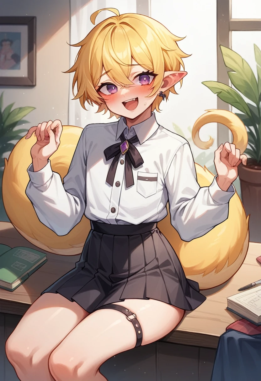 kendomurft, vtuber, femboy, yellow hair, violet eyes, student clothes, Ears in hair, yellow tail, Blushing, happy, long sleeves, white clothes, black chalequito, skirt, short hair, whole body, long nylon, chaleco ?????, sex