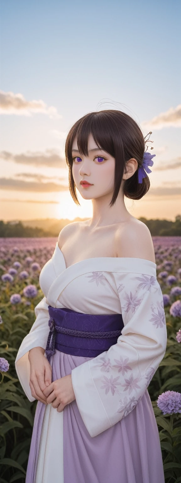 realistic,score_9, score_8_up, score_7_up, 
Ultra detailed backgrounds，delicate patterns，Complicated details，Kochou Shinobu，O cabelo multicolorido，No bangs，hair intakes，Purple eye，haori，butterflys，obi strip，trpical garden，purple flower，mostly cloudy sky，rays of sunshine，Tyndall effect，Gradient_sky，the face，beautiful sky，Saber on the waist，captivating posture，Large breasts，Off-the-shoulder attire