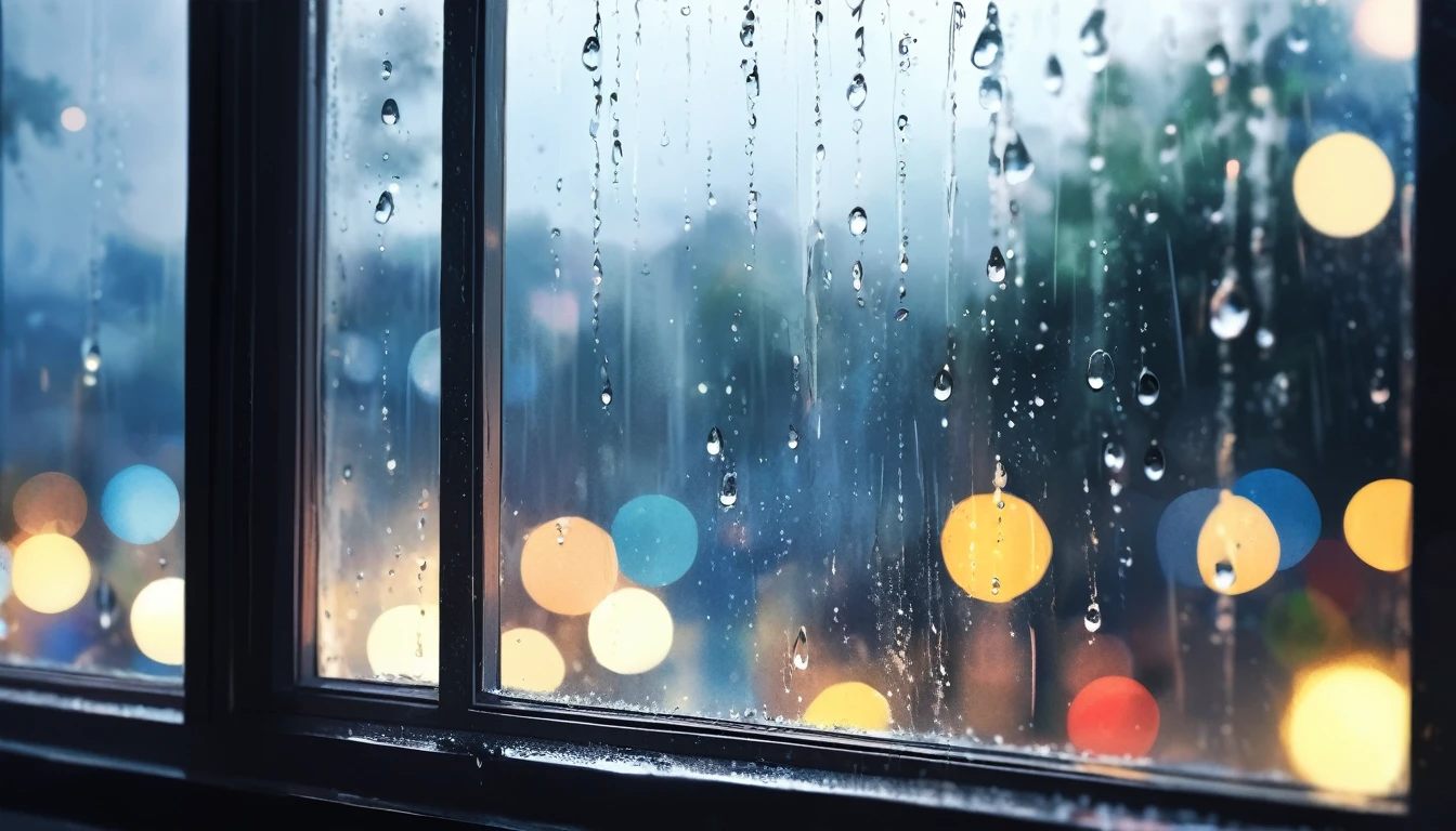 The whole glass window is covered with rain .The fog is so thick that you can’t see the actual scene.Bokeh background outside window.No window frames .Close-up of partial rain on glass.Don’t have a real image in the background.As long as the bokeh effect.You can feel the raindrops flowing on the glass。Rain slides across the glass，Blurred the outside scene，Only the beauty of bokeh is left。This picture makes people feel peaceful、comfortable，It’s like being in a small world sheltered from the wind and rain。poetic picture