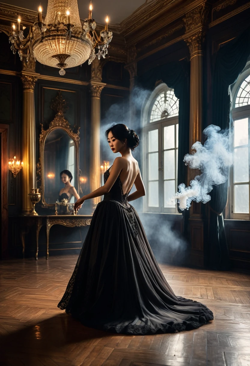 6men 1 woman ((A group of victorian gentlemen in silhouette with their backs to the viewer watching woman on a well lit stage)) ((the woman is half-asian, asian-european, with black wavy hair, she is dancing, striping, taking off her clothes). ((the room has thin layers of smoke giving a dim, dark , gothic atmosphere)). ((The room is lavishly decorated with sumptuous furnishings like a royal manor)). ((the woman dancing is ethereal and romantic)) ((She is nude)) (Everyone in the room is watching her dance on the table, their attention fixated on her beauty.) (Her elegant victorian evening gown lies on the floor) she dances under a chandelier,  gothic romantic style, with lots of gothic details, elaborate details 
