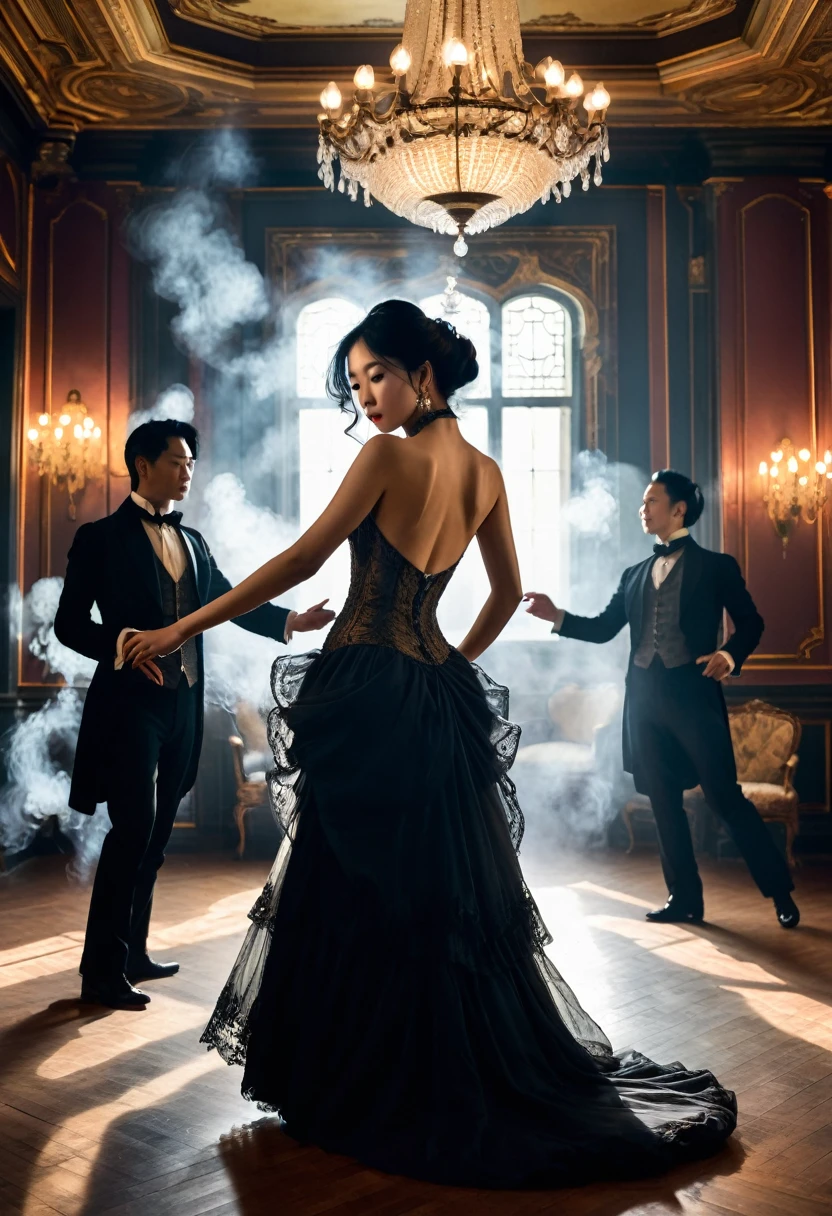 (six men) and (1 woman) a group of men watching a woman   ((A group of victorian gentlemen in silhouette with their backs to the viewer watching woman on a well lit stage)) ((the woman is half-asian, asian-european, with black wavy hair, she is dancing, striping, taking off her clothes). ((the room has dim, dark , gothic atmosphere)). ((The room is lavishly decorated with sumptuous furnishings like a royal manor)). ((the woman dancing is ethereal and romantic)) ((She is nude)) (Everyone in the room is watching her dance on the table, their attention fixated on her beauty.) (Her elegant victorian evening gown lies on the floor) she dances under a chandelier,  gothic romantic style, with lots of gothic details, elaborate details 