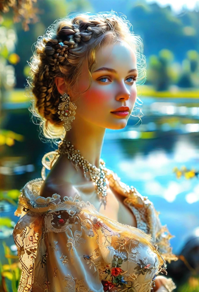A captivating portrait of Anna Razumovskaya, a beautiful woman adorned in a traditional Russian dress, with a delicate lace shawl draped around her shoulders. Her hair is elegantly styled in a classic updo, adorned with intricate braids and decorative pins. The background is a serene landscape of rolling hills and a tranquil pond, reflecting the beauty and grace of this iconic art femme.
