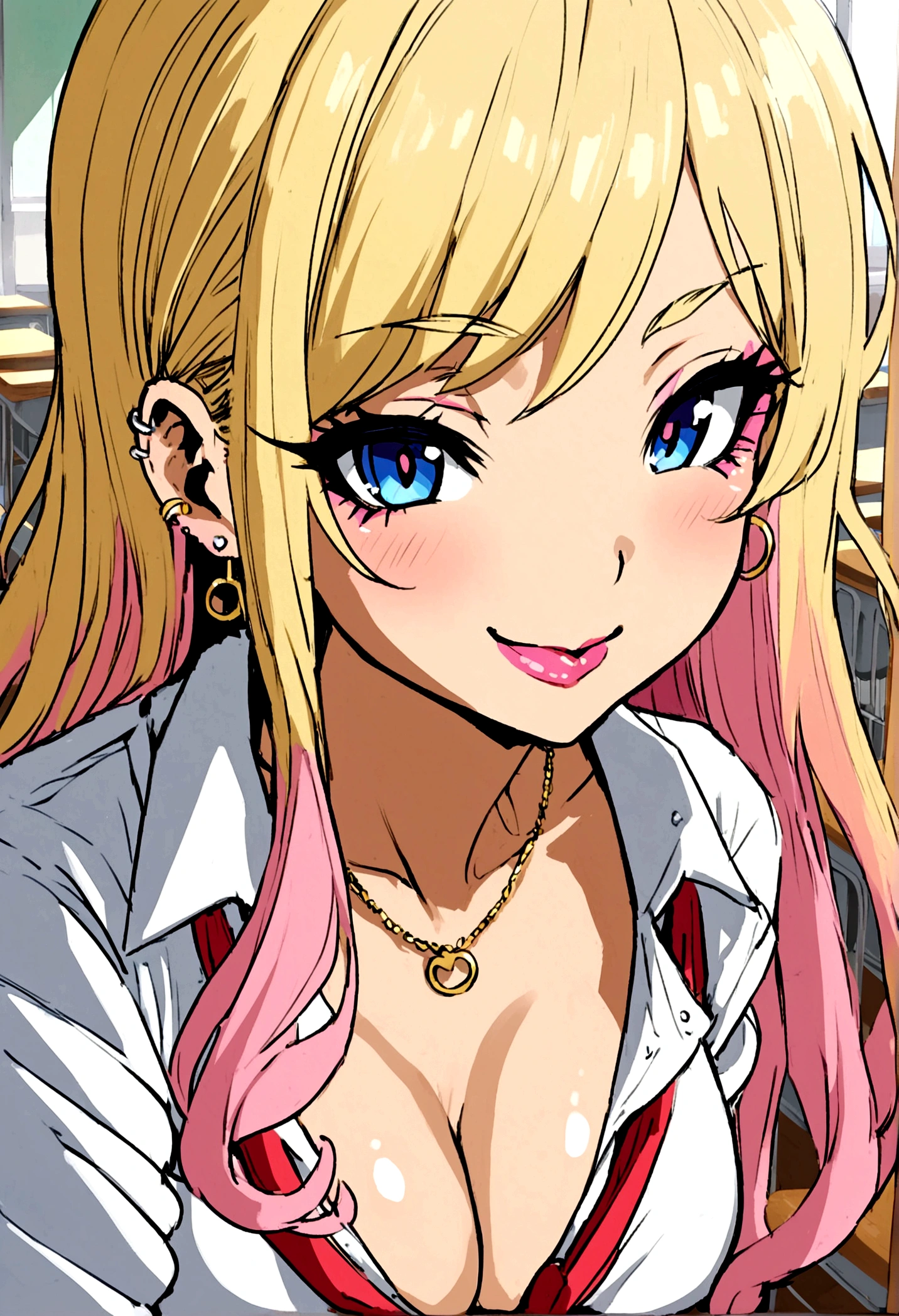 anime school girl, gyaru, beautiful girl, seductive smile, classroom, sexy gyaru, blond hair with pink bangs, earrings, blue eyes, school open uniform