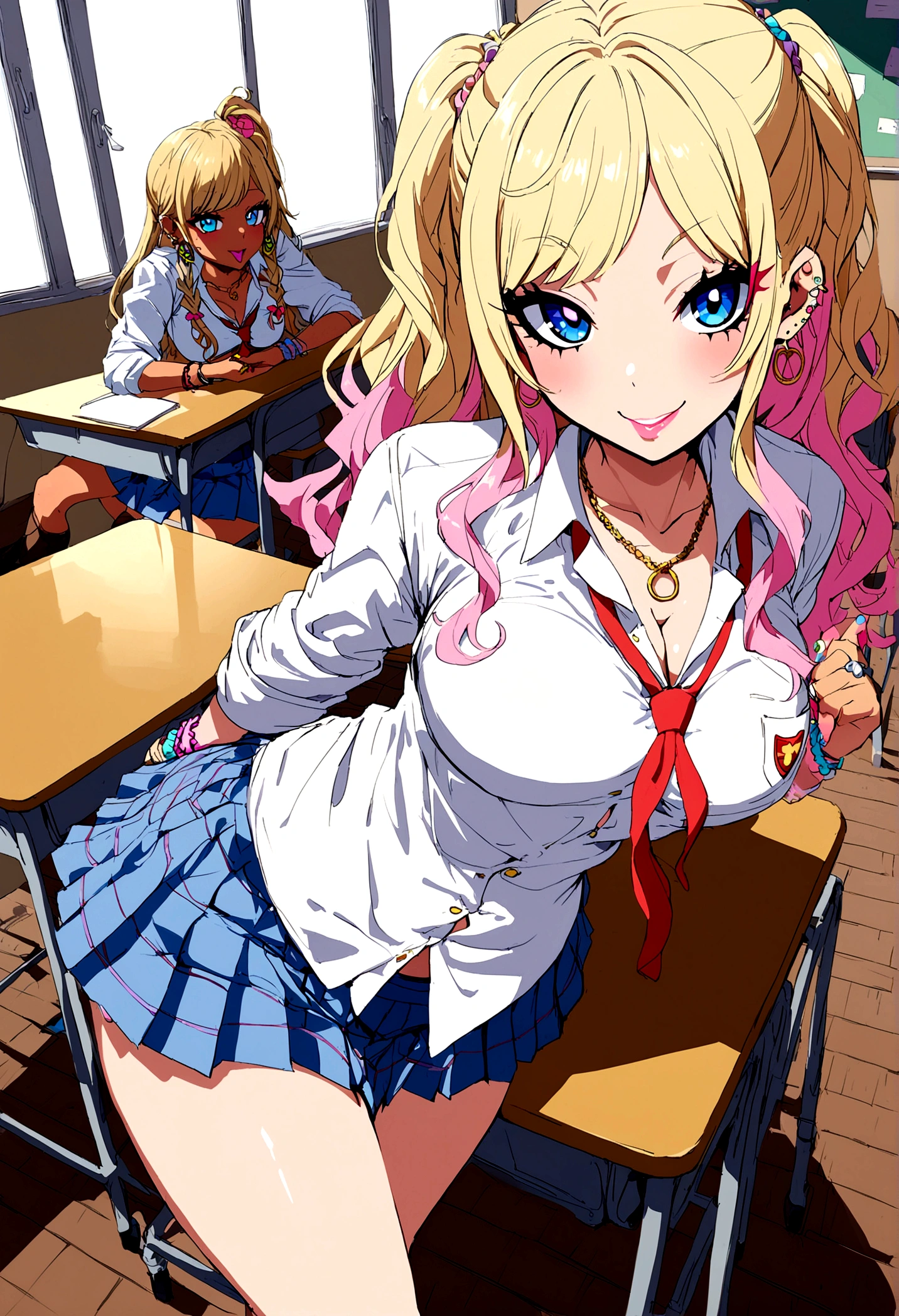 anime school girl, gyaru, beautiful girl, seductive smile, classroom, sexy gyaru, blond hair with pink bangs, earrings, blue eyes, school open uniform