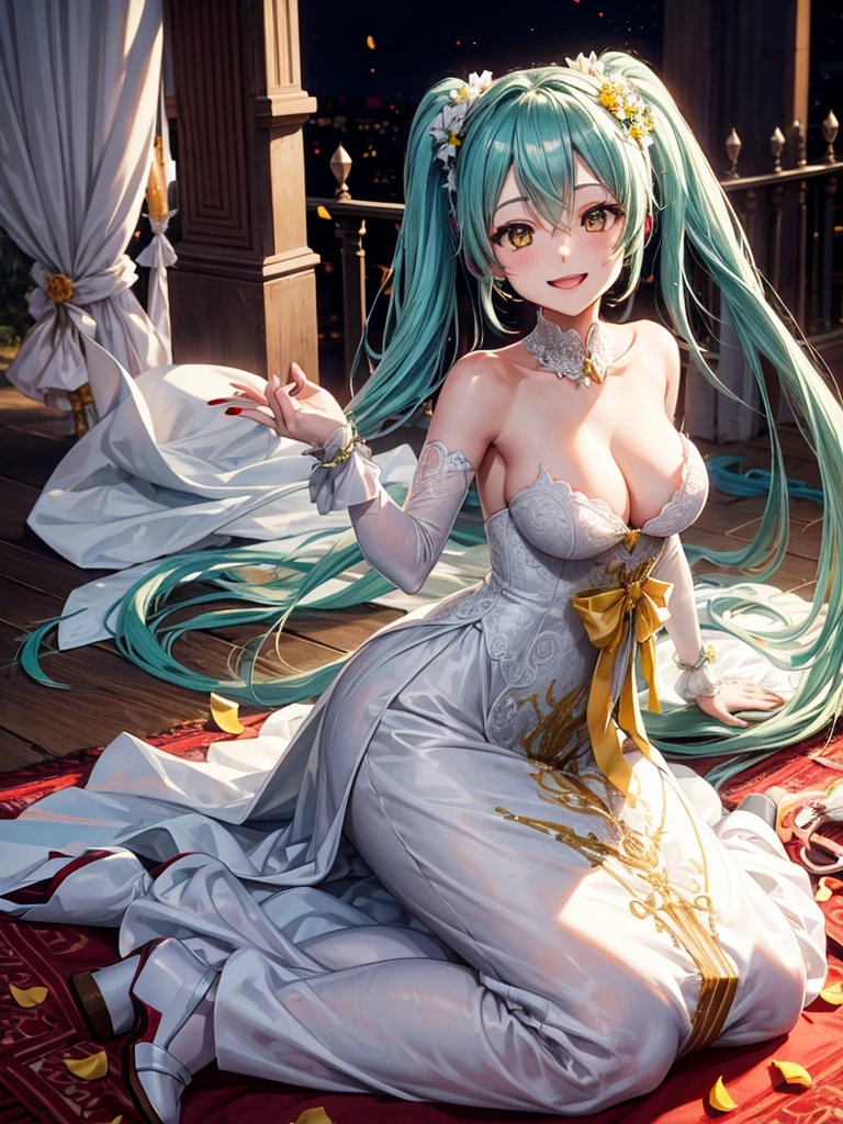 hatsune miku, yellow eyes, wedding dress, showing the tongue, big tits, yandere, blood, smiling