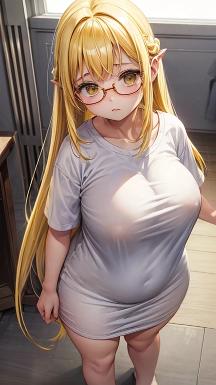 Highest quality、White background、One girl、(((((Lori)))))、(((child)))、Young、(((he is short)))、yandere face、((BREAK Light yellow straight hair))、(((Are thin)))、Yellow Eyes、Round Glasses、White T-shirt、((((Too big breasts))))、(((Too big)))