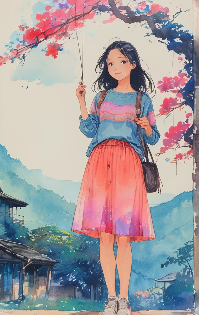 On a bright red campus"YES"Character、8K,masterpiece,top-quality, (From below:1.6) ,Dynamic Pose,30 years old 1 girl, Holding a large bouquet,Portrait, Floral, watercolor sketch, light, Long hair, ssmile, watercolor paiting \(Medium\),watercolor paiting,Plain tank top,Plain light blue sweater,long skirt、Sketch of transparent manga girl drawn with neon purple pink lines, sitting at bus stop, countryside scenery, summer day, blend of 3D photography and 2D line art, nostalgic atmosphere.