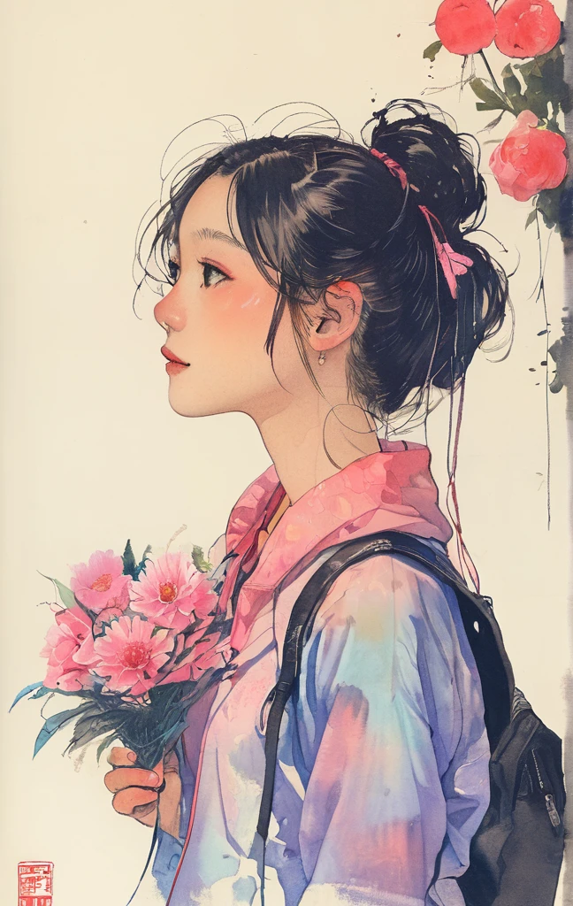 On a bright red campus"YES"Character、8K,masterpiece,top-quality, (From below:1.6) ,Dynamic Pose,30 years old 1 girl, Holding a large bouquet,Portrait, Floral, watercolor sketch, light, Long hair, ssmile, watercolor paiting \(Medium\),watercolor paiting,Plain tank top,Plain light blue sweater,long skirt、Sketch of transparent manga girl drawn with neon purple pink lines, sitting at bus stop, countryside scenery, summer day, blend of 3D photography and 2D line art, nostalgic atmosphere.