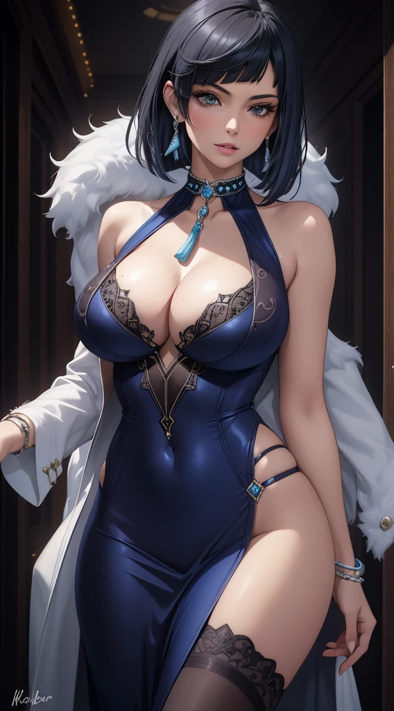Best quality, masterpiece, realistic, Beautiful sexy cool tall, slim, fit woman, wearing sexy short fancy silver-blue sequin dress, intricate and highly detailed, big breasts, deep cleavage, bob black hair, body chain, jewelry.