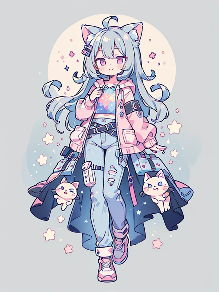 ((Highest quality，masterpiece，Extremely complex and exquisite details，The only girl with gray and blue cat ears and long hair stands in the center.，Gray blue super long straight hair，Curly hair at the ends，Sparse air bangs，Gray and pink T-shirt，Denim hooded cropped jacket，Black and gray long cargo pants))，(pink and white sneakers，Smile slightly，Surrounded by tons of cute short-legged cats，Correct anatomy)，Super Q super cute full body painting，Starry sky background vertical painting space scene