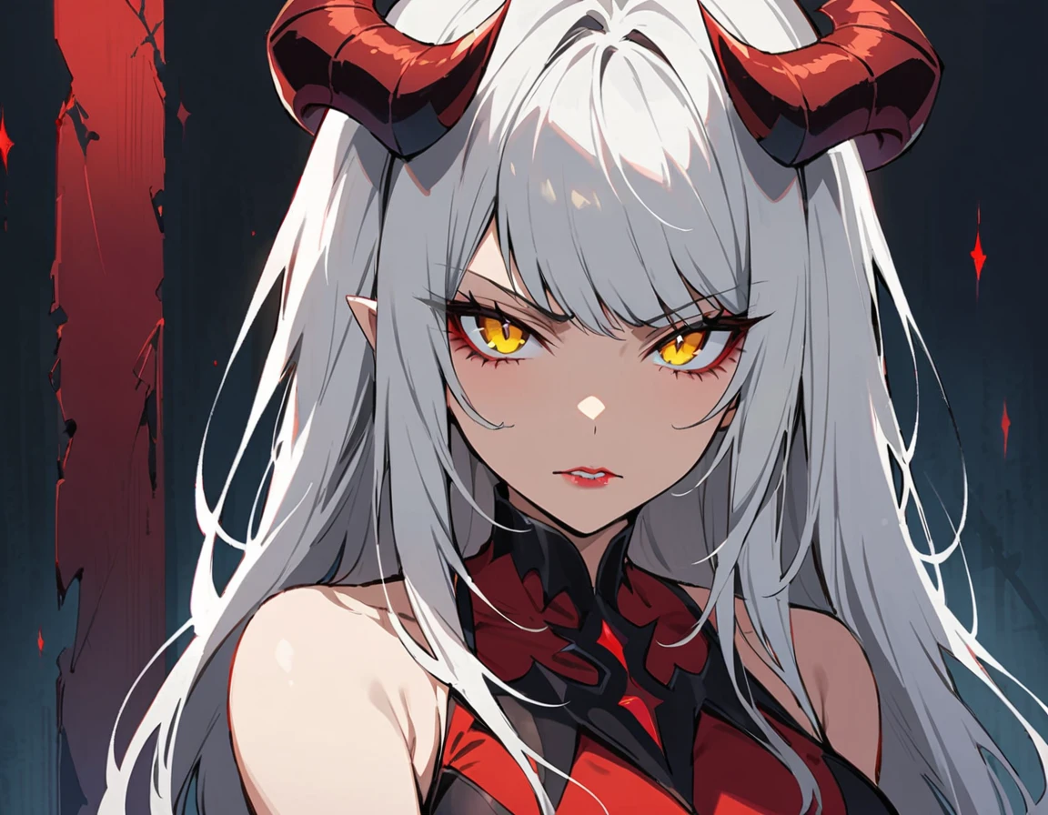 Long white hair, yellow eyes, evil, sexy, black and red clothes, cute hairstyle, evil face, evil, serious look, gloss lips, sinister, front look, bloody, gloves, (((half-body portrait))), beautiful eyes, short dress, big white, dark place, night, sensual, straight hair cut, clear skin, evil, young 30 years girl, adult girl, solo, red, very long hair, (((Older mature woman)))(((Demon horns)))