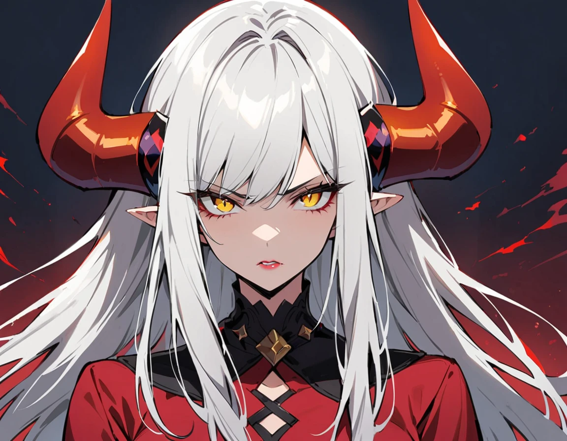 Long white hair, yellow eyes, evil, sexy, black and red clothes, cute hairstyle, evil face, evil, serious look, gloss lips, sinister, front look, bloody, gloves, (((half-body portrait))), beautiful eyes, short dress, big white, dark place, night, sensual, straight hair cut, clear skin, evil, young 30 years girl, adult girl, solo, red, very long hair, (((Older mature woman)))(((Demon horns)))