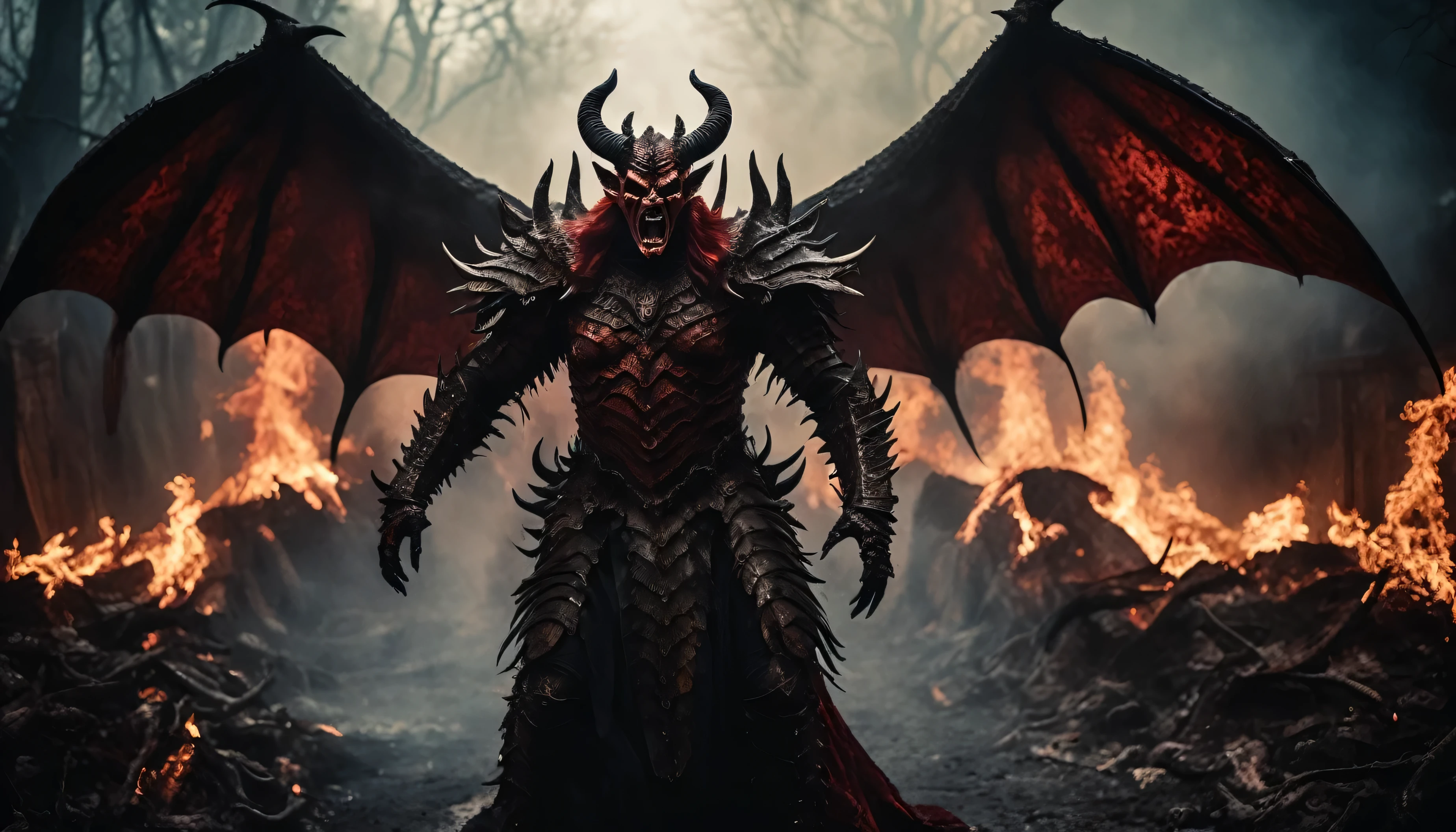 Horror-themed cinematic film still,a horrifying red-skinned male demon king, (full body portrait:1.3), (detailed monstrous evil face:1.4), screaming, wide spread bat like wings, (detailed scaly skin texture:1.2), long curved horns, (in hell, swirling tormented souls, billowing smoke:1.5), black spiky armor,, shallow depth of field, vignette, highly detailed, high budget, bokeh, cinemascope, moody, epic, gorgeous, film grain, grainy . Eerie, unsettling, dark, spooky, suspenseful, grim, highly detailed