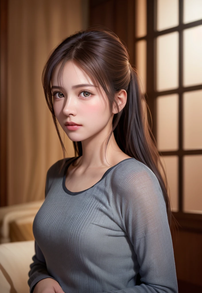 8K, of the highest quality, masutepiece:1.2), (Realistic, Photorealsitic:1.37), of the highest quality, masutepiece, Beautiful young woman, Pensive expression, Gentle eyes, Cute loungewear、full of shyness、Hair tied back, Messy mood, Cinematic background, Light skin tone