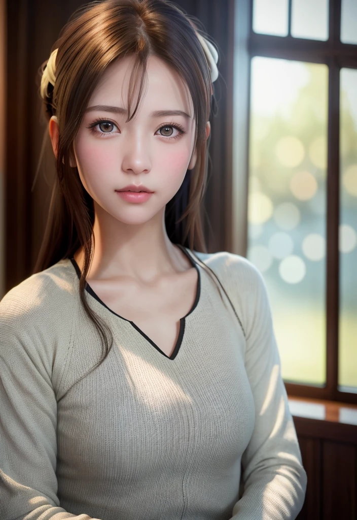 8K, of the highest quality, masutepiece:1.2), (Realistic, Photorealsitic:1.37), of the highest quality, masutepiece, Beautiful young woman, Pensive expression, Gentle eyes, Cute loungewear、full of shyness、Hair tied back, Messy mood, Cinematic background,  Light skin tone