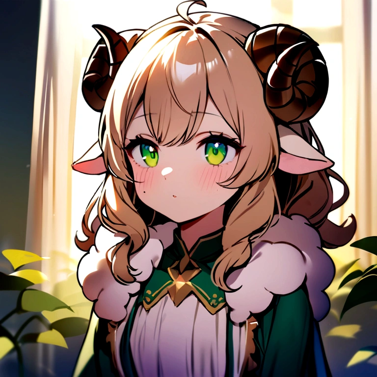 ((best quality)), ((masterpiece)), (detailed), 1girl, Gender is girl. Slightly freckled face. Light brown curly hair. Emerald green eyes. sheep ears. So small sheep horns