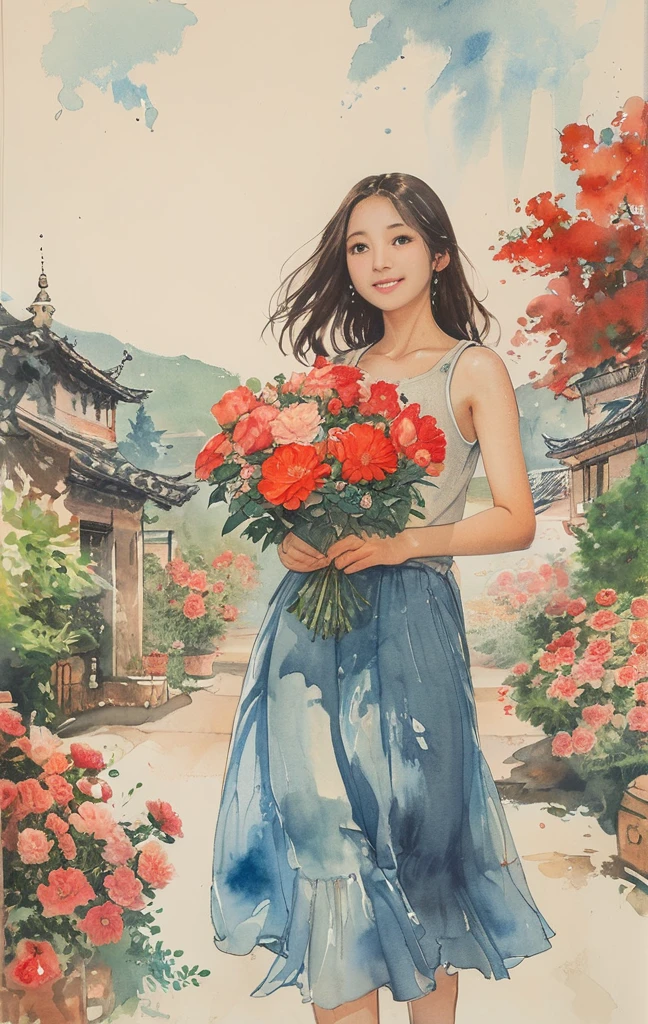 On a bright red campus"YES"Character、8K,masterpiece,top-quality, (From below:1.6) ,Dynamic Pose,30 years old 1 girl, Holding a large bouquet,Portrait, Floral, watercolor sketch, light, Long hair, ssmile, watercolor paiting \(Medium\),watercolor paiting,Plain tank top,Plain light blue sweater,long skirt