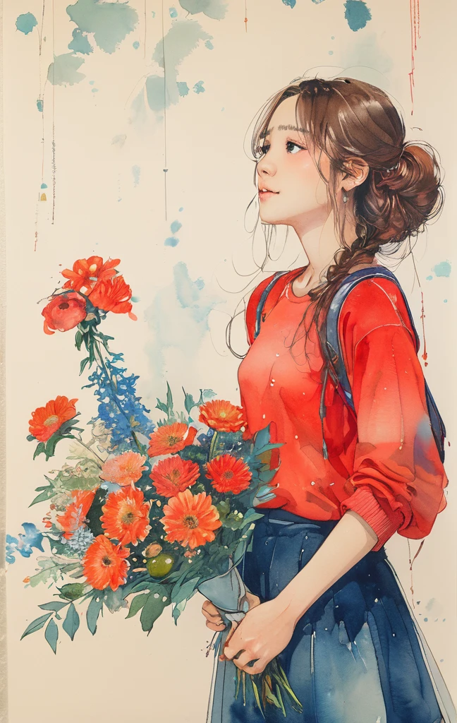 On a bright red campus"YES"Character、8K,​masterpiece,top-quality, (From below:1.6) ,Dynamic Pose,30 years old 1 girl, Holding a large bouquet,Portrait, Floral, watercolor sketch, light, Long hair, ssmile, watercolor paiting \(Medium\),watercolor paiting,Plain tank top,Plain light blue sweater,long  skirt