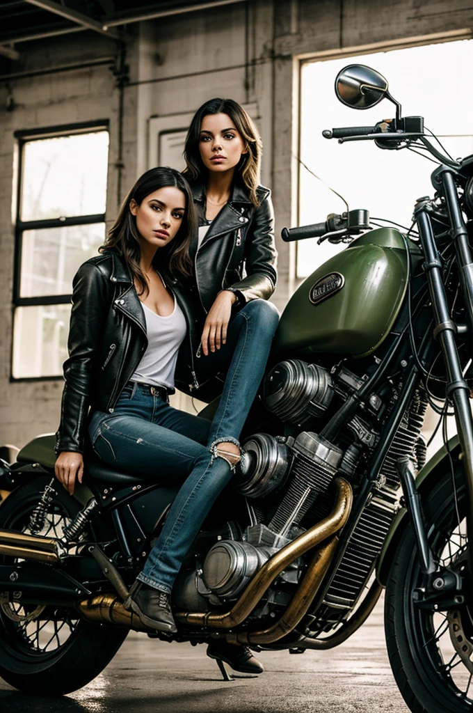 beautiful girl,next to a motorcycle,inside a vintage garage,(best quality,highres),drenched in soft warm sunlight,lush green plants hanging from the ceiling,gritty and rustic mural on the walls, reflection of the motorbike on the glossy floor,stylish leather jacket and ripped jeans,exquisite details on the motorcycle,shadows creating depth and contrast,vibrant colors,moody and nostalgic atmosphere