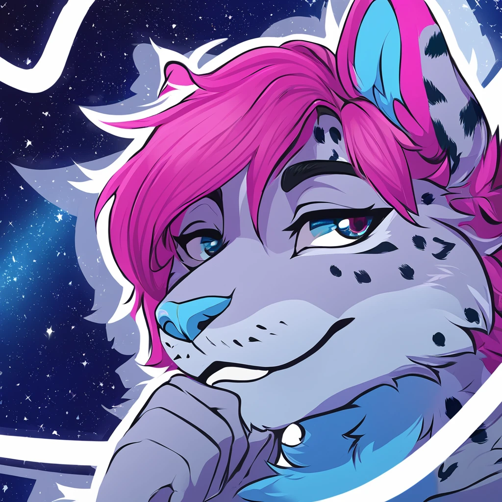 adult, feline, mammal, anthro, anthropomorphic, snow_leopard, striped, fur, striped_feline, fur, furred_anthro, femboy, male, light_pink, magenta_hair, fluffy,, blue_nose, expressive eyes, feline_ears, magenta_hair, blue_fur, light_blue_chest, shy, small_pupils, spotted_pattern, stripes, digital_art, high_resolution, high_res, hand-drawn, pencil_lines, head_visible, background, neck_visible, seductive_face, blue_galaxy_background, white_outline, detailed_line_work, profile_picture, head_visible
