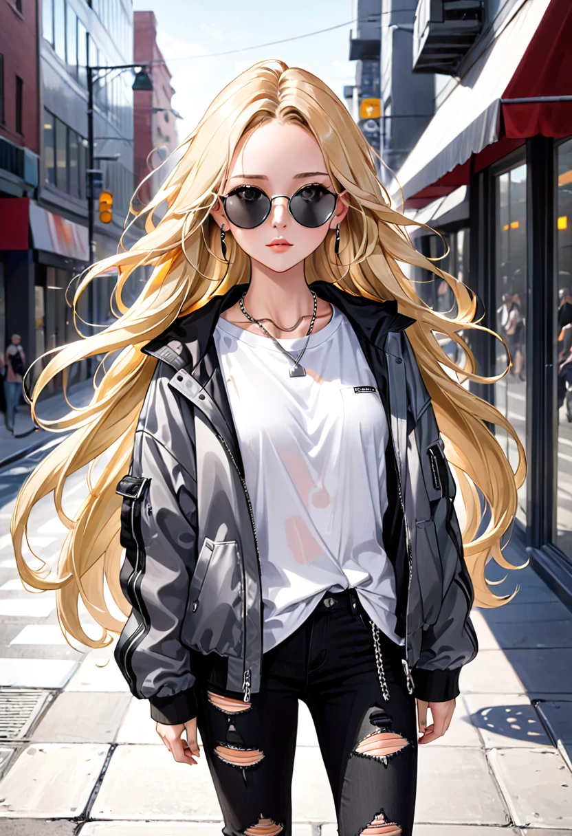 Long, wavy blonde hair that cascades down her back with a few loose strands framing her face.
Eyes: Hidden behind sleek black sunglasses with a reflective lens.
Outfit: A stylish grey jacket with a modern cut—think a slightly oversized bomber jacket with minimalistic zippers and pockets.
Top: Underneath the jacket, a simple white t-shirt or graphic tee with a subtle, cool design.
Bottoms: Black skinny jeans or ripped jeans for a trendy look.
Footwear: White high-top sneakers or sleek black boots.
Accessories: Minimal jewelry—perhaps a silver chain necklace and small stud earrings.
