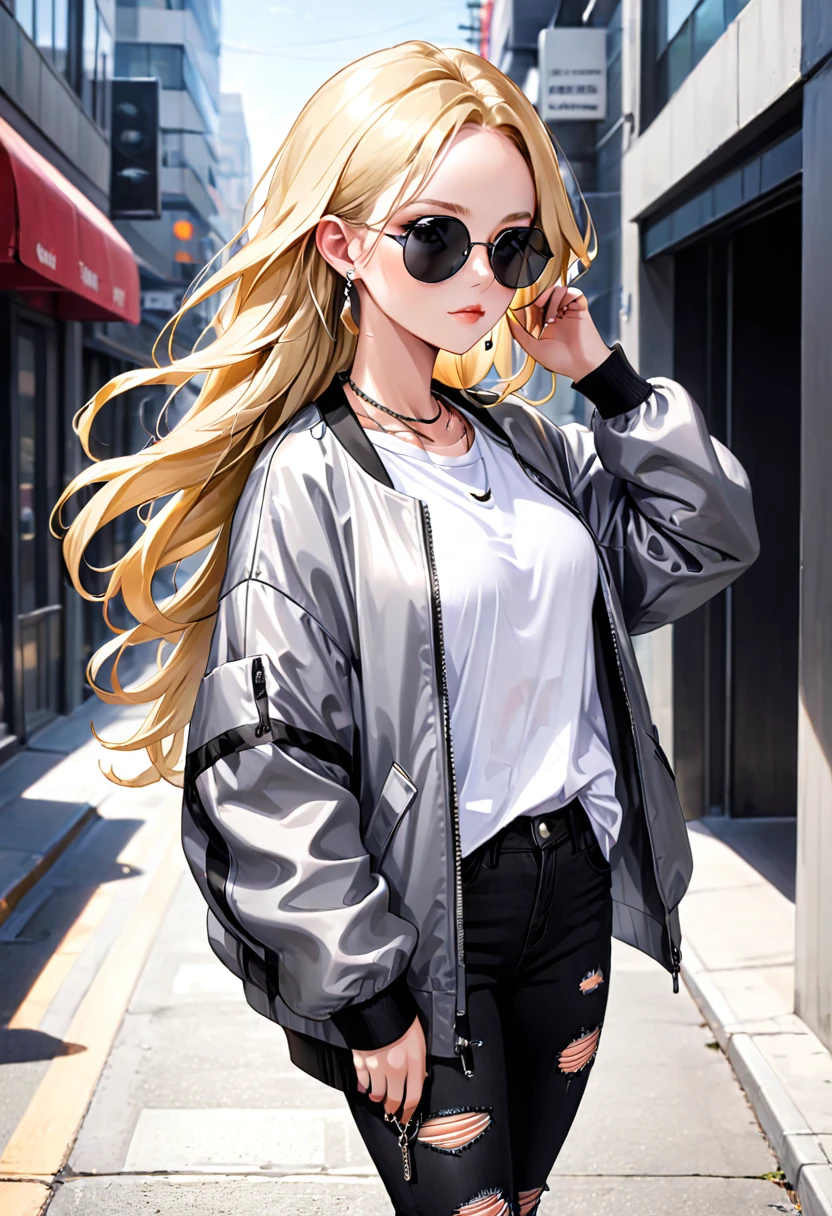 Long, wavy blonde hair that cascades down her back with a few loose strands framing her face.
Eyes: Hidden behind sleek black sunglasses with a reflective lens.
Outfit: A stylish grey jacket with a modern cut—think a slightly oversized bomber jacket with minimalistic zippers and pockets.
Top: Underneath the jacket, a simple white t-shirt or graphic tee with a subtle, cool design.
Bottoms: Black skinny jeans or ripped jeans for a trendy look.
Footwear: White high-top sneakers or sleek black boots.
Accessories: Minimal jewelry—perhaps a silver chain necklace and small stud earrings.
