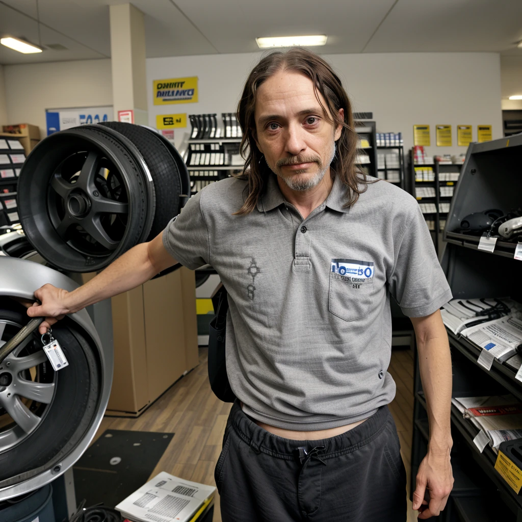 A very retarded homeless man in a gray polo shirt and black pants, disheveled hair, cross eyed, working at an auto parts store, he has severe mental illness