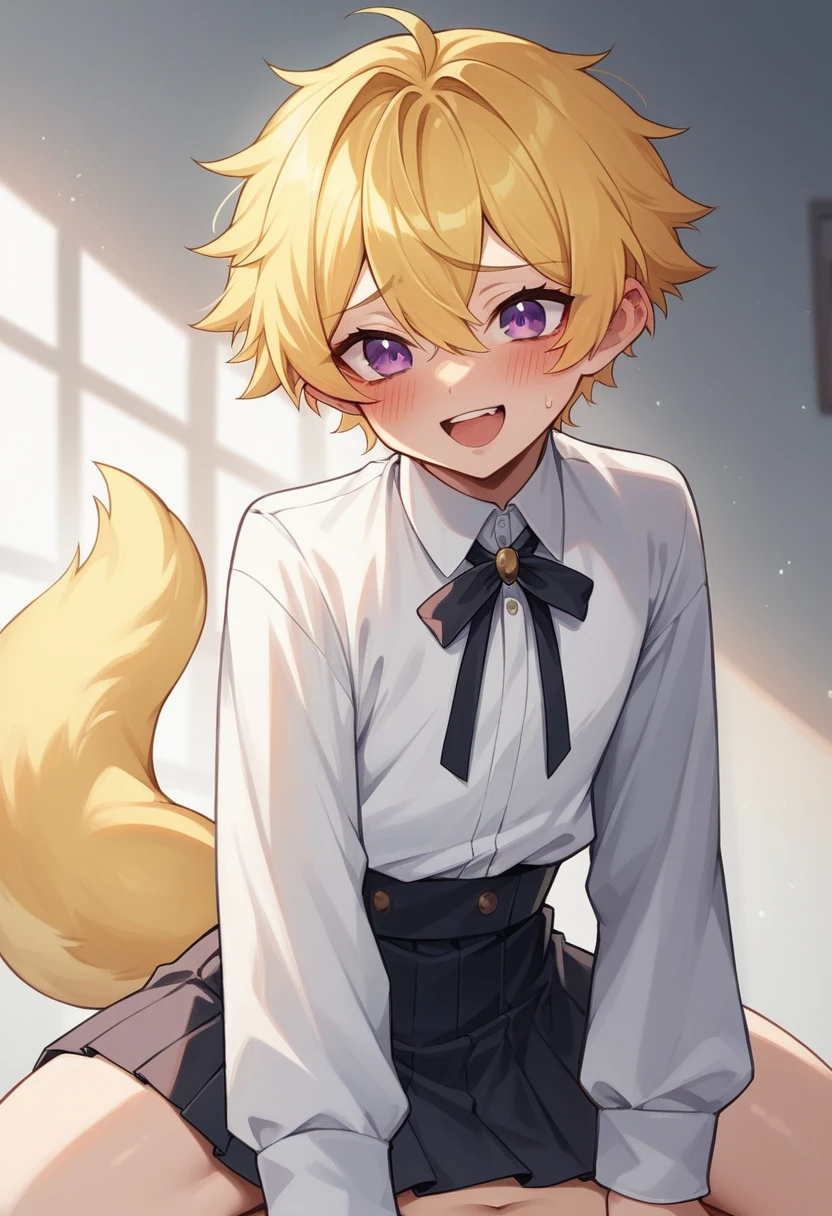 kendomurft, vtuber, femboy, yellow hair, violet eyes, student clothes, Ears in hair, yellow tail, Blushing, happy, long sleeves, white clothes, black chalequito, skirt, short hair, whole body, long nylon, chaleco negro, sex, falda levantada, pene