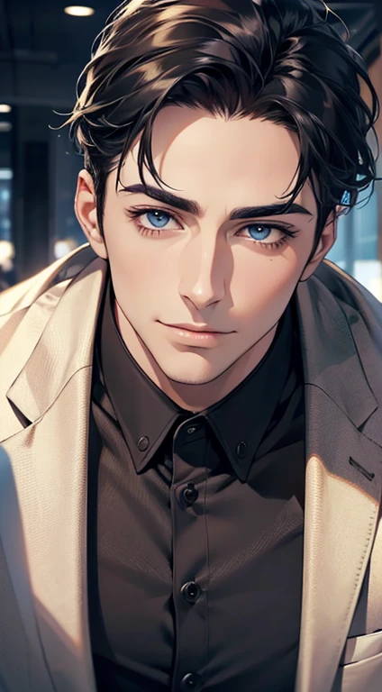 (best quality,4k,8k,highres,masterpiece:1.2),ultra-detailed,(realistic,photorealistic,photo-realistic:1.37),1 man,31 years old,mature man,very handsome,without expression smile in love,short grey black hair,blue eyes,penetrating gaze,perfect face without errors,imposing posture,businessman,office background,cinematic lighting,hdr image