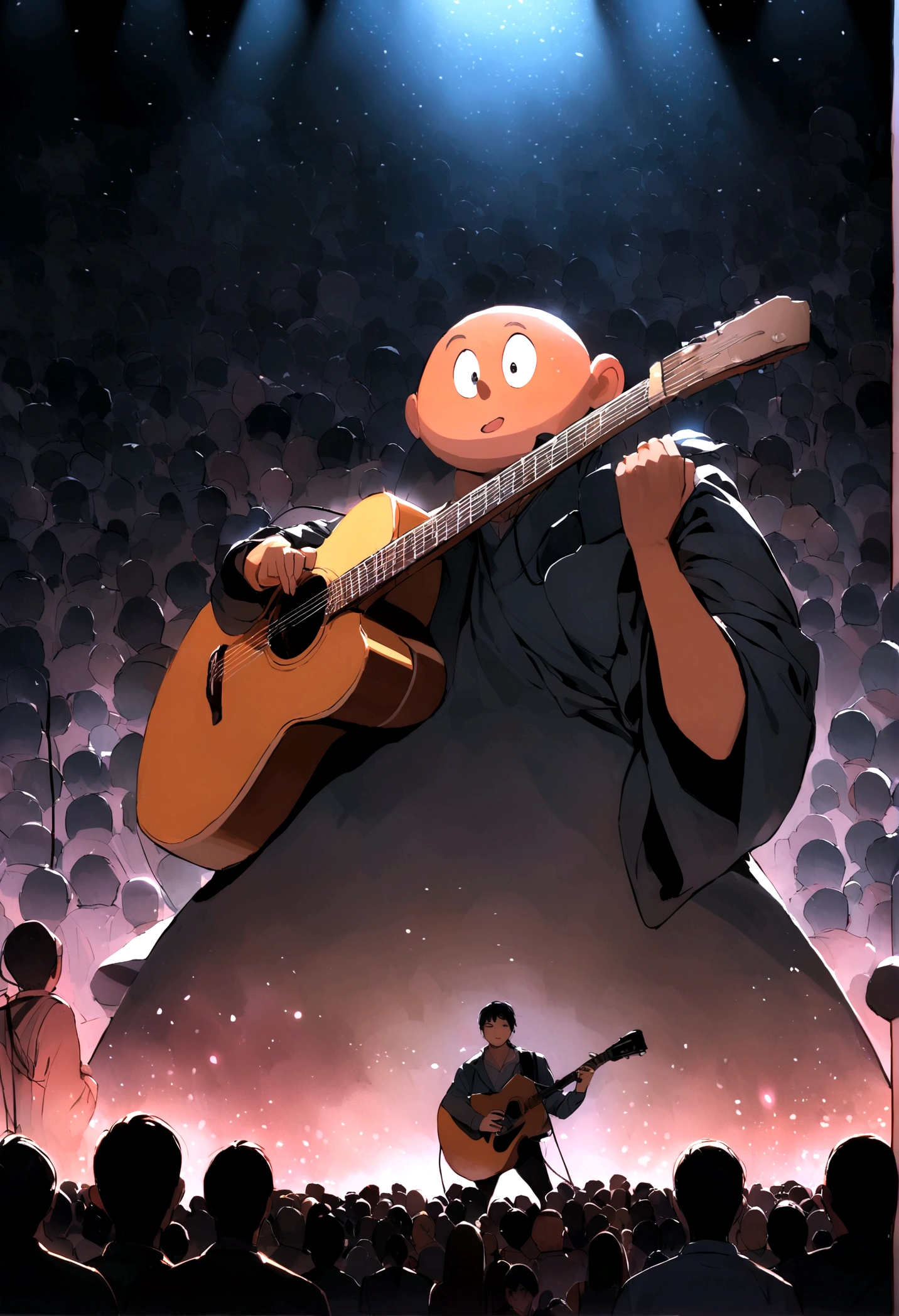 giant cartoon-style speaker, 8k. Big crowd in the background and a guy playing guitar and another singing