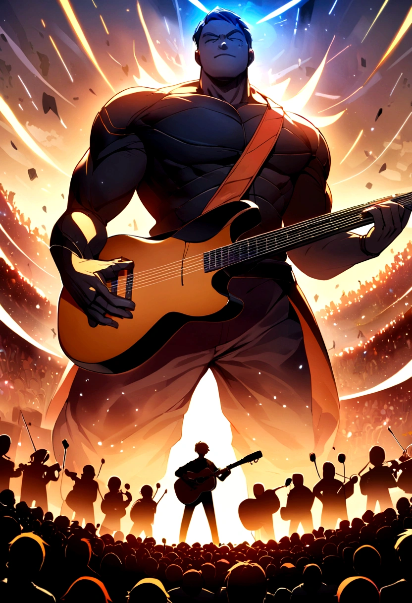 giant cartoon-style speaker, 8k. Big crowd in the background and a guy playing guitar and another singing
