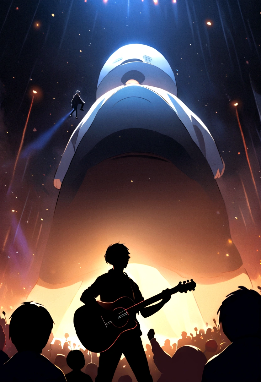 giant cartoon-style speaker, 8k. Big crowd in the background and a guy playing guitar and another singing
