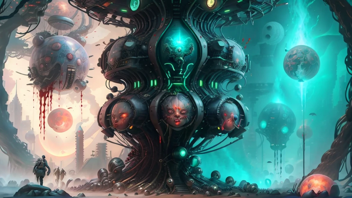 Vertical digital illustration surreal and visionary art mixed sci-fi terror cosmic comics, to wide angle city buildings with carbon fiber , multidimensional creatures based carbon fiber life, the city It feeds on blood, neon lights, post apocalyptic, multichromatic, devil creatures, Encapsulated nature, tree inside a glass capsule, blood moon Vanishing , capsules_ blood biobattery, unified theory, hr giger, frank Frasetta, Alex Gray, dark psychodelic, vivid color, depth of fie, motors, wires, buttons, lcd, artstation trending, unreal engine 5