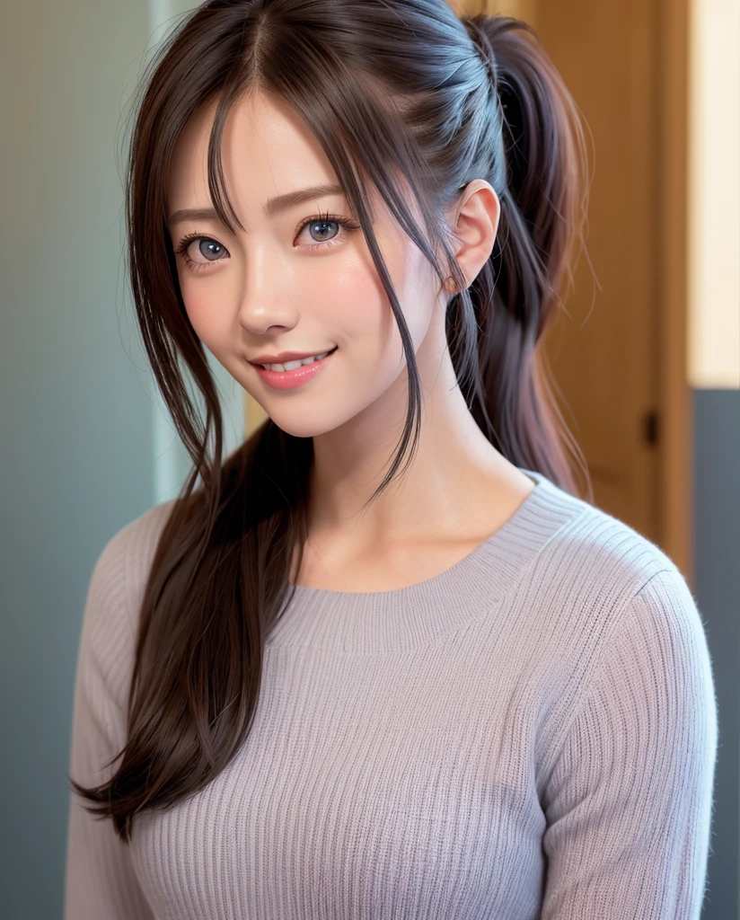 (masutepiece), (Best Quality), (ultra-detailliert),(disheveled hair),(Illustration), (1girl in), Standing, Smiling, Beautiful detailed eyes, Light blue eyes, Detailed beautiful face, (kamisato ayaka: 1.2), Focus on Face,  Ponytail, kamisato ayaka(GenshinImpact), Light blue hair, detailed hairs, Bangs, The best lighting, Best Shadow, Highly detailed, Vibrant