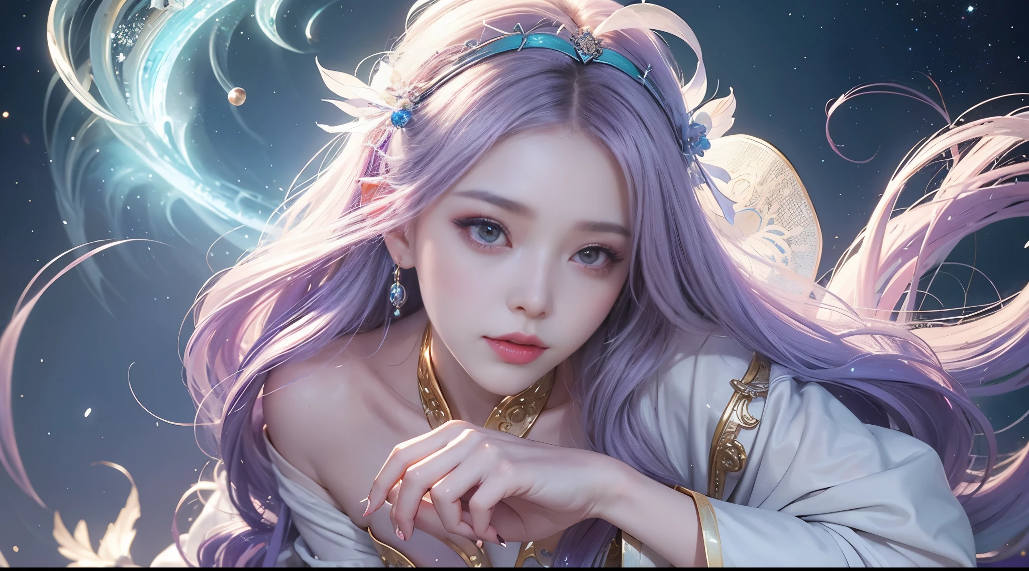Close-up of woman in costume，Beautiful celestial magician，Amazing young ethereal figure，shaxi，Flowing magic robe，White Hanfu，xianxia fantasy，belle delphine，Ethereal fantasy，Elegant and charming role play，Half lying on the ground，Feminine and colorful，It&#39;s a mess，Night view，Lots of neon