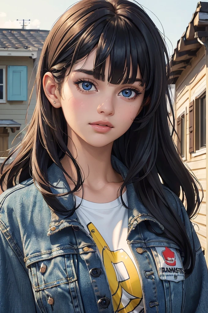 (((Masterpiece, Best Quality, High Resolution)))), Extremely detailed 8K, (Ultra HD, Ultra-detailed, Highly detailed, Highly realistic, Ultra-realistic, photograph realistic), (HD Quality), sharp focus, (Close up shot), Italian, 15 years old, Ivory skin tone, round face, slightly chubby, ((Dark Blue eyes eyes, round eyes)), ((Heavy lower lips, smokey eyeliner)), (((Black layers of thick hair with long bangs))), (((Jean jacket with a colorful graphic T-shirt))), (looks directly at the camera, slight smile), Neighborhood background, Ranch Style House with a Canada flag, (Focusing on the face, smooth skin texture, sun shining bright)