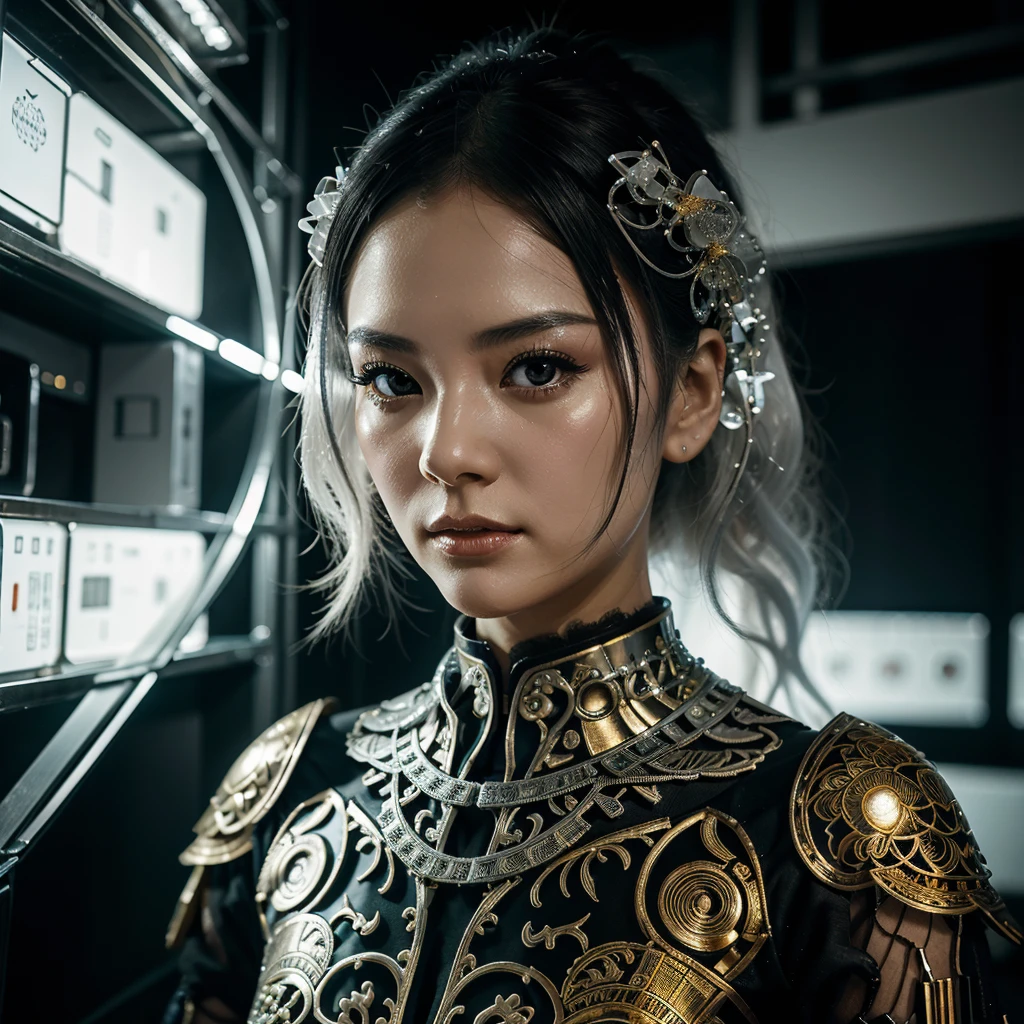 A portrait photograph of a twenty-something Japanese female android made of white and silver glass and clear plastic., geisha makeup, black hairstyle, Silver and gold metal body internal mechanisms., dynamic pose, fluid organic construction, Detailed engraving, lace designs, Shiny golden circuits, colorful neon ornament, Detailed engraving, lace designs, Brilliant circuits, neon ornament, art by H.r. Giger, greg rutowski
