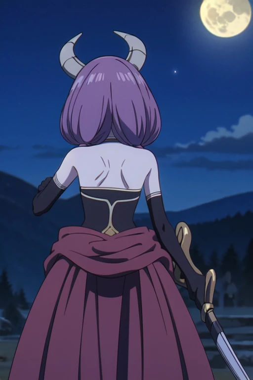 (((Best quality))),((Ultra-detailed)),((illustration)),((Disheveled hair)),((frilld)),(1 girl),
1girl , bare shoulders , black gloves , cup , dress , elbow gloves , facing away , from behind , gloves , hat , holding , horns , long hair , low twintails , moon , night , night sky , outdoors , purple hair , skirt , sky , solo , star \(sky\) , strapless , strapless dress , twintails , weapon , grey eyes,