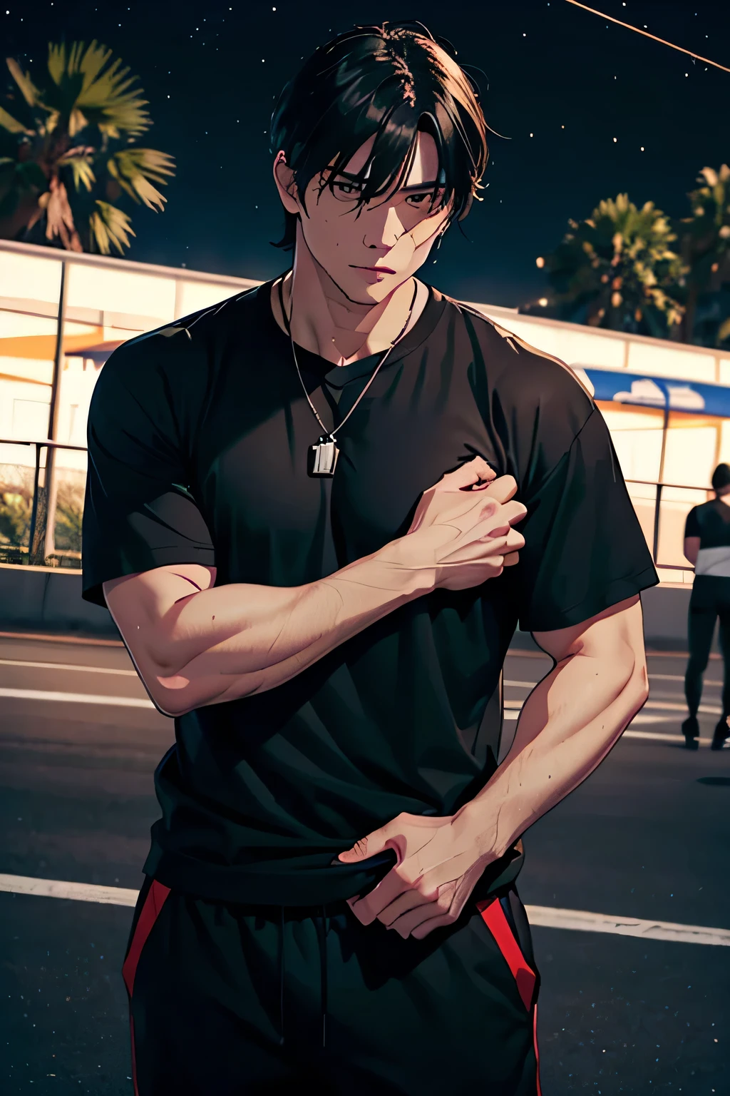 naughty man, man strong, Muscle Man, Man in sweatpants, man in black blouse, Man with chopped hair, medium hair, black hair man, man in front of a clandestine race track, pine trees, man clean face, naughty man DE NOITE, Starry sky