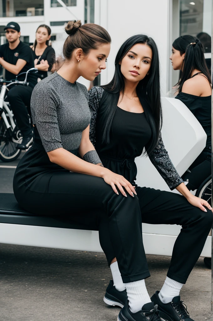 A lady solo wearing a dress half sleeve and black pant and leg shoes and socks, Background Full of people, Photo frame Black and white theme lady sitting on bike