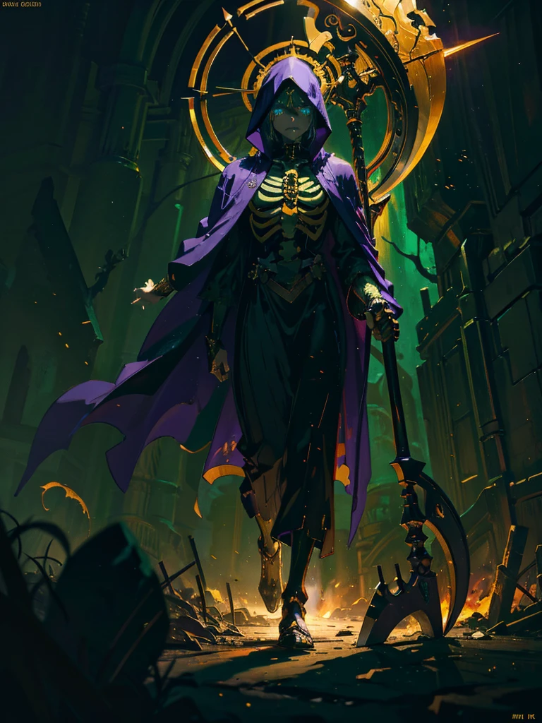 a skeleton character in a purple cloak with golden details, holding a scythe made of green fire, piercing green eye, intricate details, dark fantasy, cinematic yellow lighting, chiaroscuro, moody atmosphere, dramatic, highly detailed, masterpiece, 8k