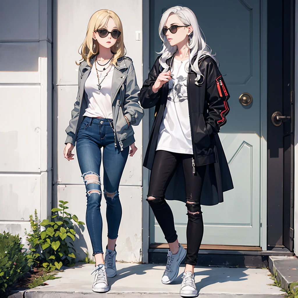 Long, wavy blonde hair that cascades down her back with a few loose strands framing her face.
Eyes: Hidden behind sleek black sunglasses with a reflective lens.
Outfit: A stylish grey jacket with a modern cut—think a slightly oversized bomber jacket with minimalistic zippers and pockets.
Top: Underneath the jacket, a simple white t-shirt or graphic tee with a subtle, cool design.
Bottoms: Black skinny jeans or ripped jeans for a trendy look.
Footwear: White high-top sneakers or sleek black boots.
Accessories: Minimal jewelry—perhaps a silver chain necklace and small stud earrings.