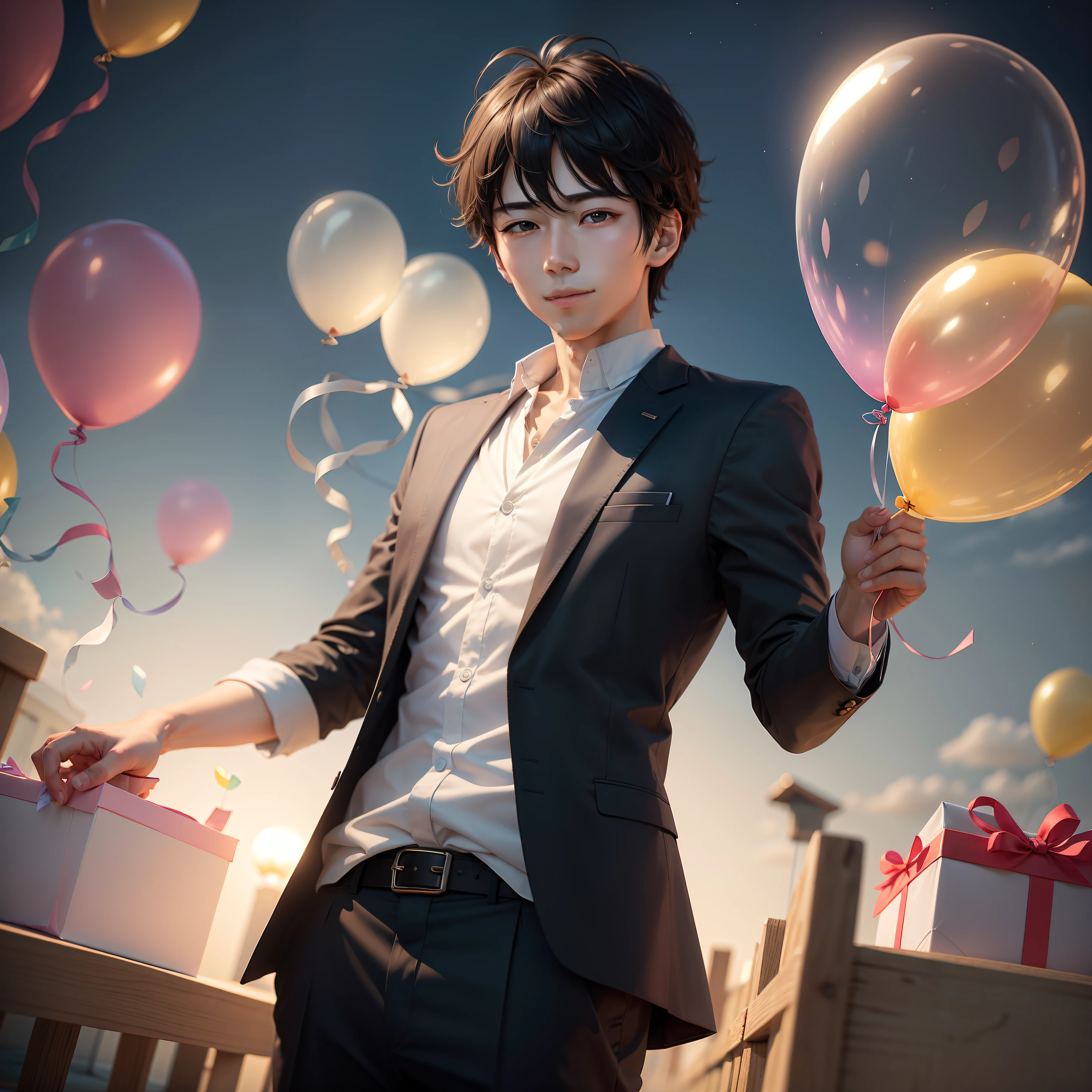 maximum quality、Gentle birthday boy、A delicious、exciting、happiness、balloons、and souls