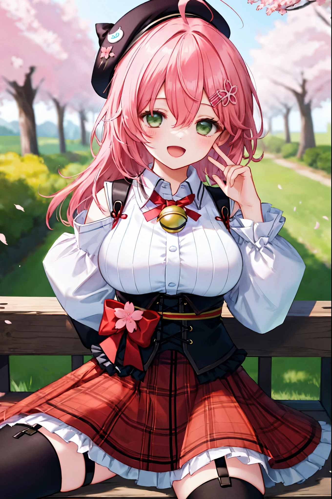 masutepiece, Best_Quality, hight_resolution, miko2,Ponytail, 1girl, Ahoge, black headwear, Hair Ornament, White shirt, black thighhighs, Pink hair, Red_skirt, very_short_skirt, plaid skirts, garter_strap, Collared shirt, hair clips, frilld, Bangs, hair between eye, frills skirt, beret, Pleated skirt, Hair Flower, Neck bell, , puffy long sleeves, Black bow, Underbust, Cowboy Shot,Smile, (large_breasts:1.3),covered_nipples, covered_pussy,green_eyes, happy, childlike_posing,spread_legs,(big_smile:1.2),plump,open_mouth,shout,half_eyes,cherryblossom_park_background,